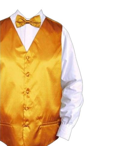 The upper half of the ensemble showcases a Daniel Ellissa Solid Vest Set VS801 in mustard, featuring a golden yellow satin vest and matching bow tie, elegantly paired over a crisp white dress shirt, with the vibrant pocket square subtly peeking from the pocket.