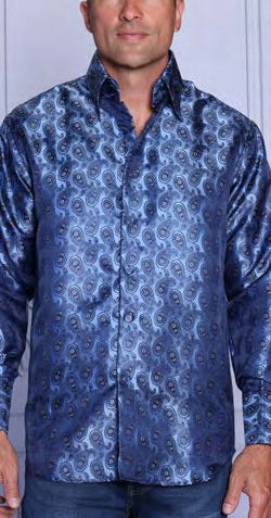 A man wearing the Insomnia INSOMNIA MZT-207 Woven Satin Navy Shirt with woven cufflinks stands against a light-colored background.