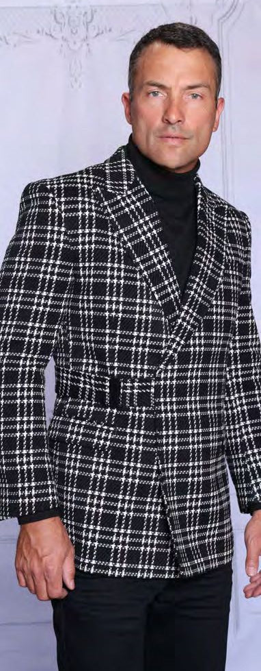 A man wearing the INSOMNIA MZS-700 Fancy Black Blazer by Insomnia over a black turtleneck stands against a light background.