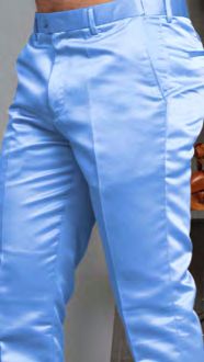 A person is wearing MANZINI MP-400 Sky Satin Pants by Manzini, featuring shiny light blue satin fabric, practical pockets, and stylish belt loops.