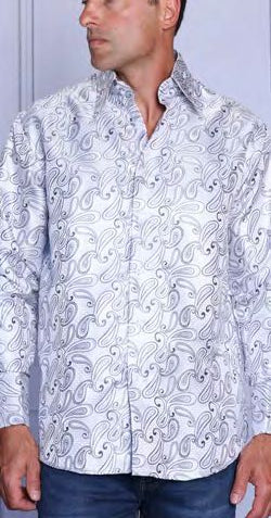 A man wears the Insomnia INSOMNIA MZT-209 Woven Satin White Shirt with a grey paisley pattern and French cuffs, styled with blue jeans and cufflinks, standing against a plain background.