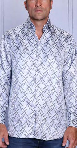 A man wears the INSOMNIA MZT-213 Woven Satin White Shirt by Insomnia, featuring a long-sleeve, button-up design with a geometric gray and white crisscross pattern and elegant satin French cuffs.