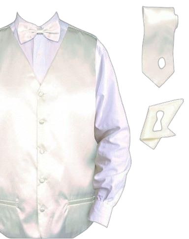 The DANIEL ELLISSA SOLID VEST SET VS801 IVORY by Daniel Ellissa features an ivory satin vest and matching bow tie, accompanied by an ivory necktie and coordinating hanky for a sophisticated ensemble.