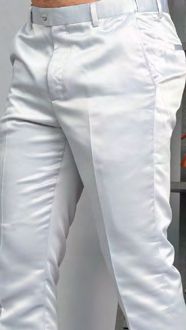 A person wears MANZINI MP-400 Silver Satin Pants by Manzini, featuring belt loops. Image is cropped from waist to mid-thigh and set against a neutral background.