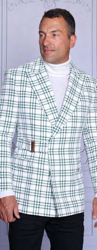 A man wearing the Insomnia INSOMNIA MZS-700 Fancy White Blazer with a green plaid pattern and a white turtleneck stands against a light gray background.