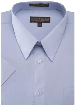 A folded Daniel Ellissa short sleeve shirt in light blue, featuring a front pocket and a label inside the collar.