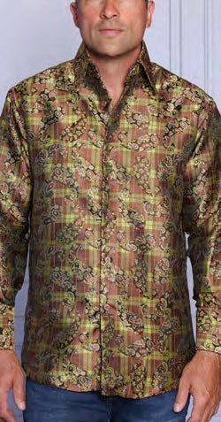 A man models the Insomnia INSOMNIA MZT-201 Poly/Rayon Satin Gold Shirt, featuring long sleeves and an ornate green, gold, and brown paisley and plaid design, standing against a plain light background.