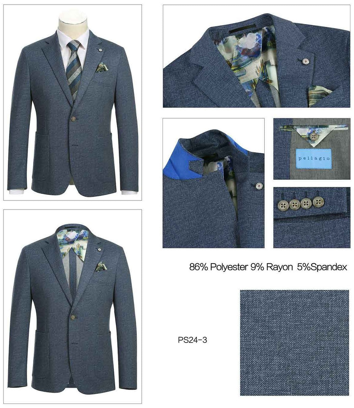 The Pellagio Navy Men's Half Canvas Blazer PS24-3 by Pellagio is a slim fit suit jacket featuring a floral lining, matching tie, and pocket square. It's crafted from 86% polyester, 9% rayon, and 5% spandex, with a buttoned front, notched lapel, single-breasted design, and blue interior accents.