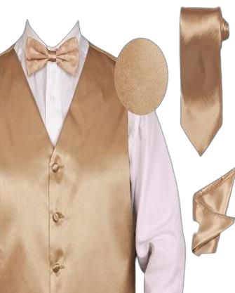 DANIEL ELLISSA SOLID VEST SET VS801 TAN by Daniel Ellissa features a tan satin vest with a coordinating tie, bow tie, and pocket square, all elegantly displayed against a crisp white shirt backdrop.
