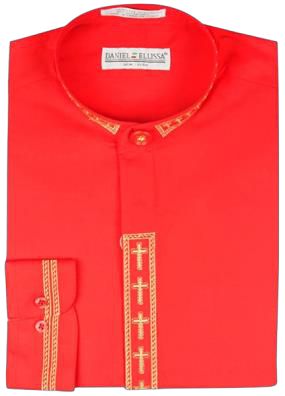 DANIEL ELLISSA CROSS EMBO BANDED COLLAR DS2005C in red by Daniel Ellissa, featuring gold embroidered cross details on the collar and front, folded with matching cuffs visible.