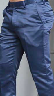 Model showcases the Manzini MP-400 Navy Satin Pants, featuring subtle belt loops. Only the lower torso and legs are visible as one leg is positioned slightly forward.