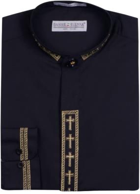 Daniel Ellissa's black shirt, featuring a gold cross design on the banded collar and placket.