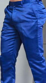 A person models the Manzini MANZINI MP-400 Royal Satin Pants with belt loops, standing against a plain background. Hands are not visible.