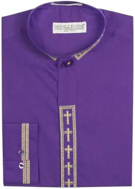 A purple men's dress shirt from Daniel Ellissa, the DANIEL ELLISSA CROSS EMBO BANDED COLLAR DS2005C PURPLE, features gold cross designs on the button placket and cuffs, coupled with a banded collar.