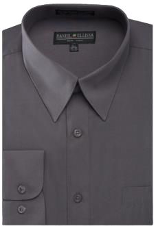 A neatly folded DANIEL ELLISSA BASIC DRESS SHIRT in charcoal, featuring a button-up design with a collar and a front pocket, displayed against a plain background.