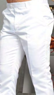 Close-up of a person wearing Manzini MANZINI MP-400 White Satin Pants, fitted with belt loops, shown from the waist to upper legs, hands partially visible at the sides.