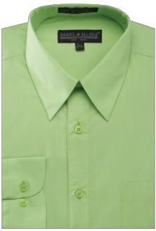 A neatly folded apple green dress shirt with a pocket, buttoned up, showcasing the Daniel Ellissa brand label on the collar.