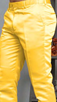 Model wearing Manzini MP-400 Yellow Satin Pants with belt loops, shown from waist to mid-thigh against a gray background.