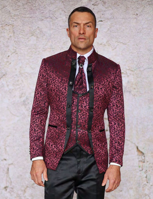 A man stands against a textured light background, showcasing the Insomnia MANZINI HAVANA 3-piece slim fit shiny satin pattern banded collar wine suit paired with a white shirt.