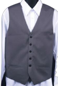 A DANIEL ELLISSA WAITER VEST VW01 in charcoal, displayed over a white dress shirt on a black hanger.