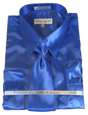 A folded DANIEL ELLISSA SATIN SLIM FIT W/ TIE DNS06 ROYAL, featuring a blue satin dress shirt and matching tie, elegantly packaged with a Daniel Ellissa branded ribbon near the collar.