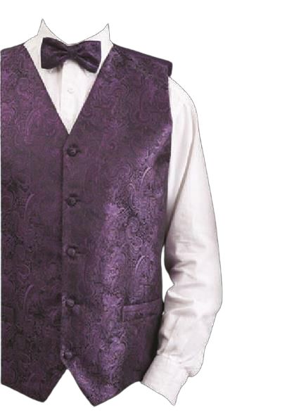 A DANIEL ELLISSA METALLIC THREAD PAISLEY VEST SET VS809 PURPLE from Daniel Ellissa, featuring a coordinating bow tie and hanky, is elegantly layered over a crisp white dress shirt.