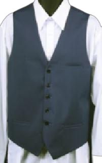 A navy vest from Daniel Ellissa with a deep V-neckline and five buttons, featuring a slim cut for a tailored fit, worn over a white collared shirt.