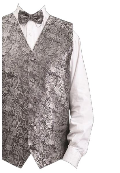 A white dress shirt paired with a stylish bow tie and the Daniel Ellissa Metallic Thread Paisley Vest Set VS809 in silver, completed with a matching hanky.
