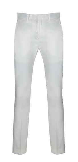 The Stretch Sateen Pants (White) OUS-ST by Vinci Suits feature a straight-leg design, belt loops, and a zipper fly for a sleek look.