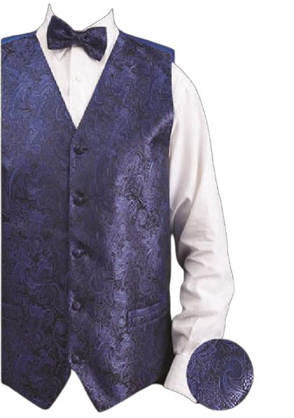 The Daniel Ellissa Metallic Thread Paisley Vest Set VS809 Royal, complete with a coordinating tie, is worn elegantly over a crisp white dress shirt.
