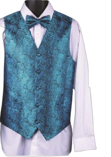 A Daniel Ellissa white dress shirt paired with the Metallic Thread Paisley Vest Set VS809 in turquoise, complete with a matching bow tie and stylish hanky for that extra touch of elegance.