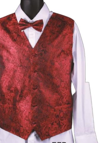 The mannequin is adorned with a Daniel Ellissa metallic thread paisley vest set in red, complete with a matching bow tie and a crisp white dress shirt.