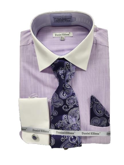 The DANIEL ELLISSA JQD PATTERN WITH WHITE COLLAR & FRENCH CUFF DS3831P2 LAVENDER shirt, featuring a contrasting white collar and French cuffs, is paired with a paisley-patterned purple tie and pocket square and showcases the "Daniel Ellissa" brand.