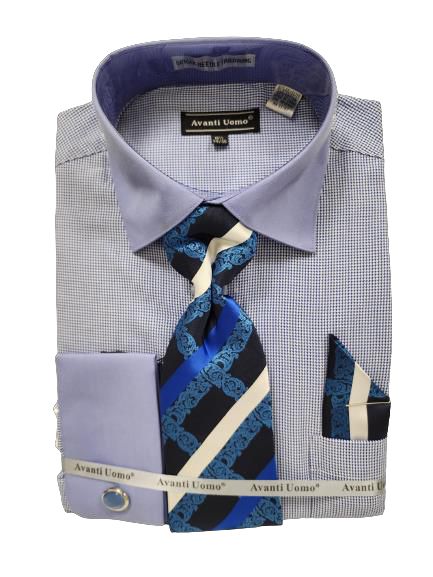 A folded men's dress shirt from Avanti Uomo, featuring a distinctive blue checkered pattern, complemented by a matching tie and handkerchief in blue and black geometric design. The brand label "Avanti Uomo" is prominently displayed.