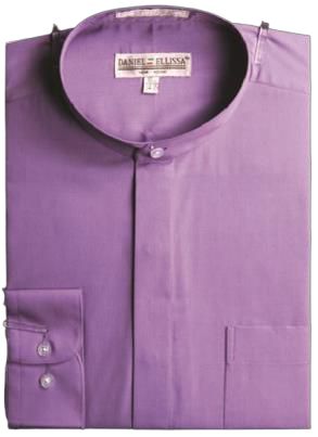 A neatly folded, long-sleeve lavender shirt by Daniel Ellissa featuring a banded collar, convertible cuffs, and a label inside the collar.
