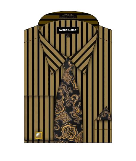 Tan and black vertical striped dress shirt with a matching paisley tie and pocket square, labeled as "AVANTI UOMO BOLD STRIPED SHIRT ALL OVER BODY DN127M TAN/BK".