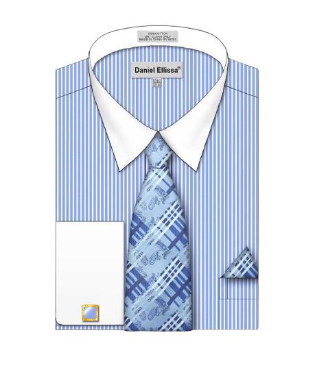Daniel Ellissa offers the DS3826P2 light blue pinstriped French cuff shirt with a contrasting collar, complete with a matching tie and pocket square.