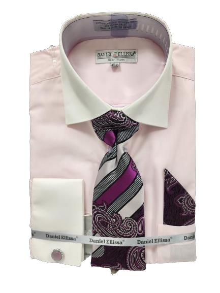 Daniel Ellissa's blush two-tone solid shirt, featuring a folded design with a white collar and cuffs, is paired with a purple, black, and white striped tie and a matching pocket square. The brand label is prominently displayed on the shirt cuffs.