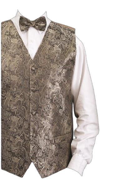 A DANIEL ELLISSA METALLIC THREAD PAISLEY VEST SET VS809 GOLD layered over a crisp white dress shirt, complete with a matching bow tie and hanky.