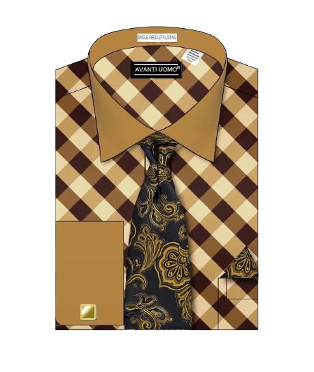 The AVANTI UOMO Diagonal Block Check Shirt in brown, featuring a body tone collar and cuffs (style DN100M), is displayed with a contrasting black and gold paisley tie and packaged flat.