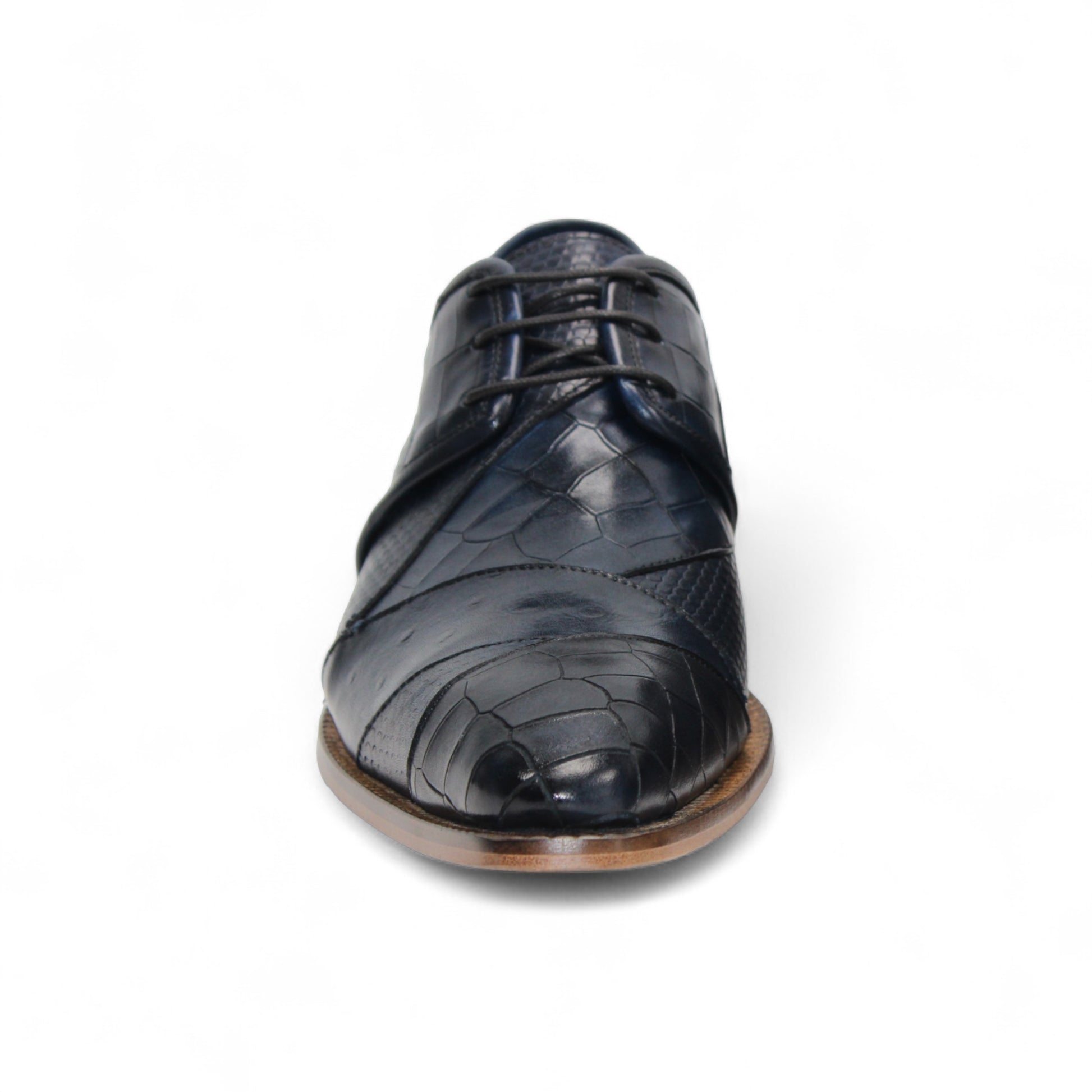 The Duca Imperio Ocean Blue by Duca Di Matiste is a single Italian-made, dark blue textured leather dress shoe with a pointed toe and light brown sole, shown in profile on a white background.