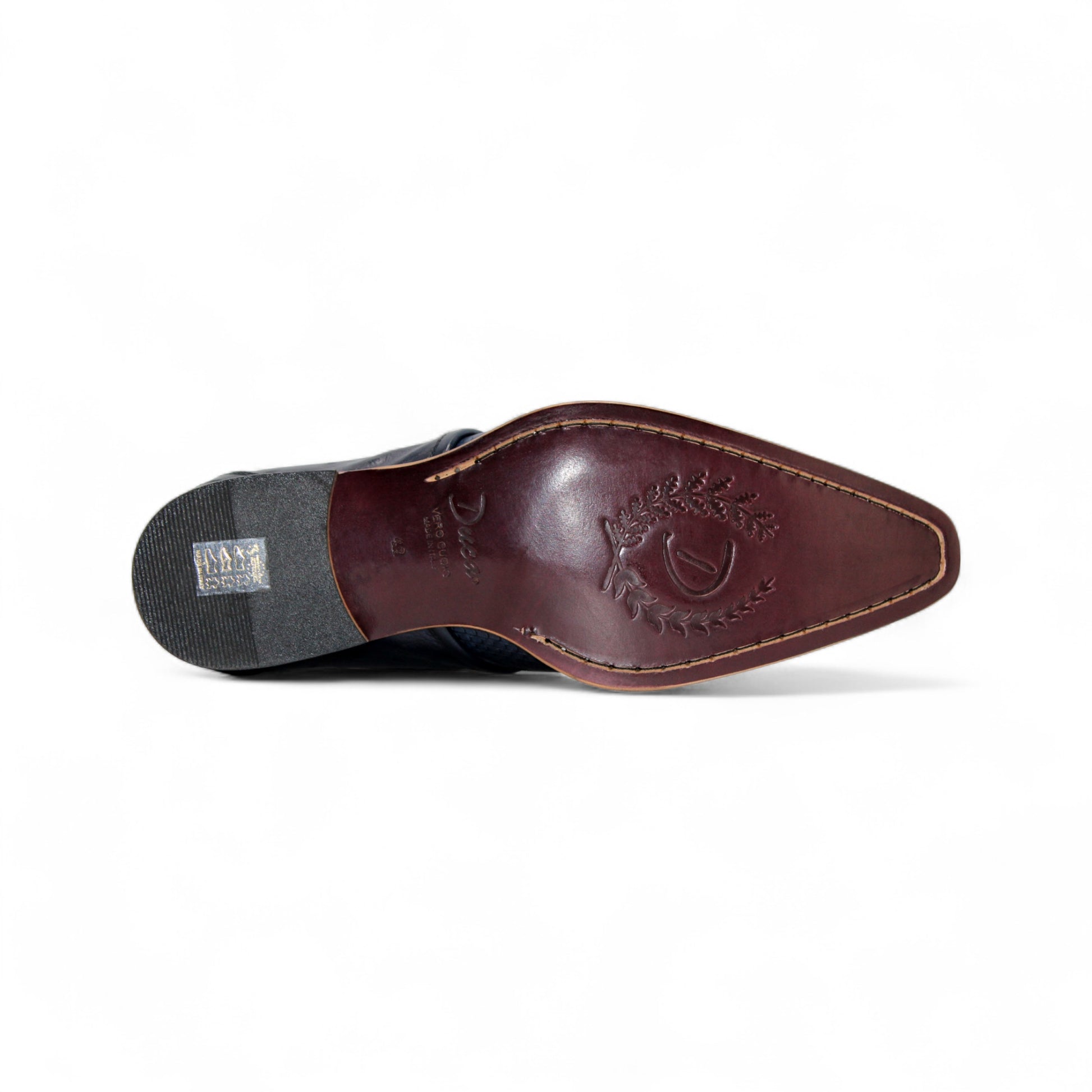 The Duca Imperio Ocean Blue by Duca Di Matiste is a single Italian-made, dark blue textured leather dress shoe with a pointed toe and light brown sole, shown in profile on a white background.