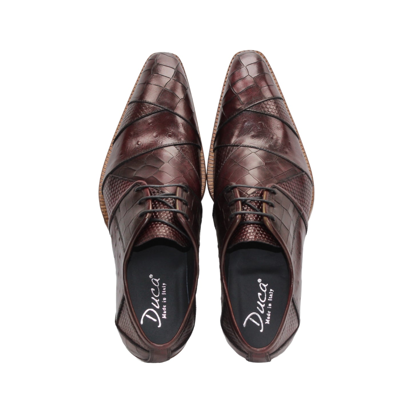 The Duca Imperio Burgundy by Duca Di Matiste is a single genuine leather dress shoe in brown, featuring a textured design and light brown sole, displayed in profile against a white background for timeless style and comfort.