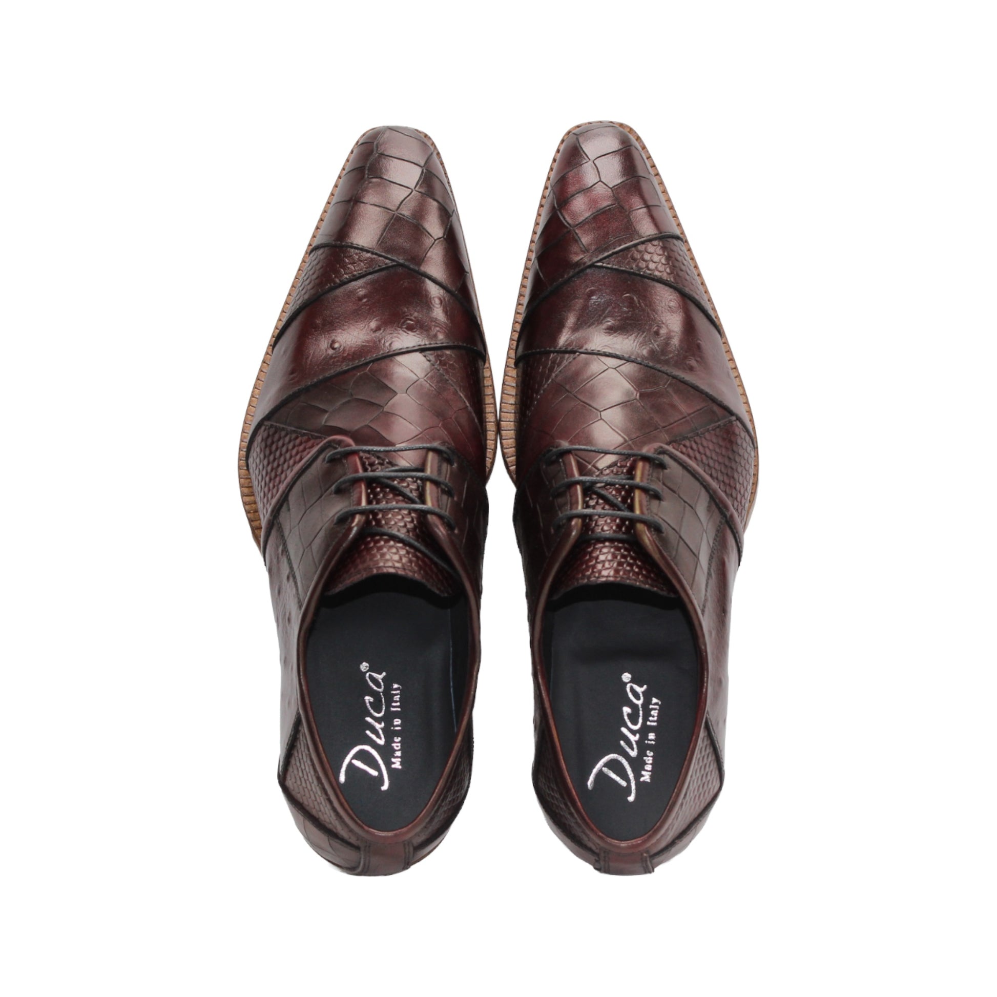The Duca Imperio Burgundy by Duca Di Matiste is a single genuine leather dress shoe in brown, featuring a textured design and light brown sole, displayed in profile against a white background for timeless style and comfort.