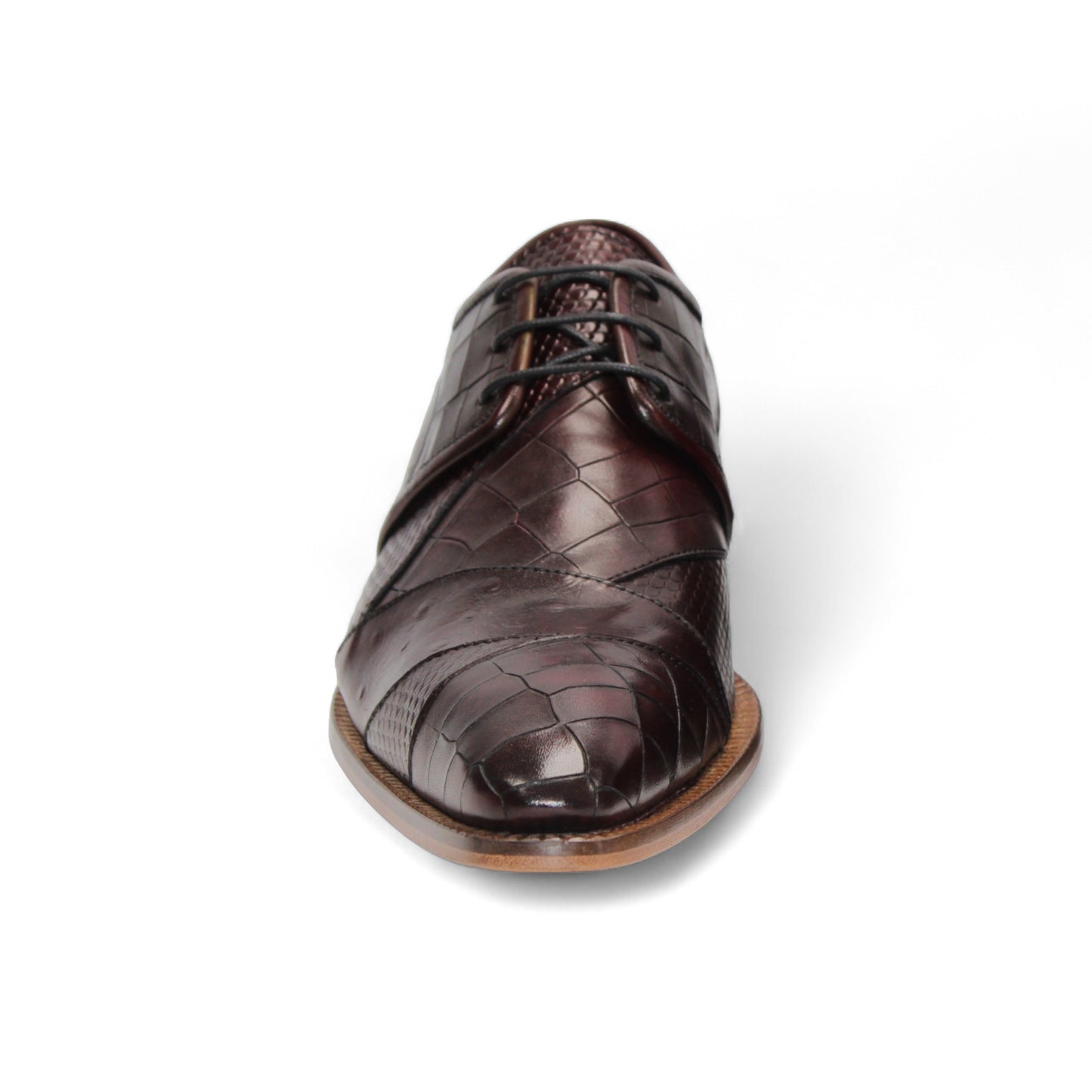 The Duca Imperio Burgundy by Duca Di Matiste is a single genuine leather dress shoe in brown, featuring a textured design and light brown sole, displayed in profile against a white background for timeless style and comfort.