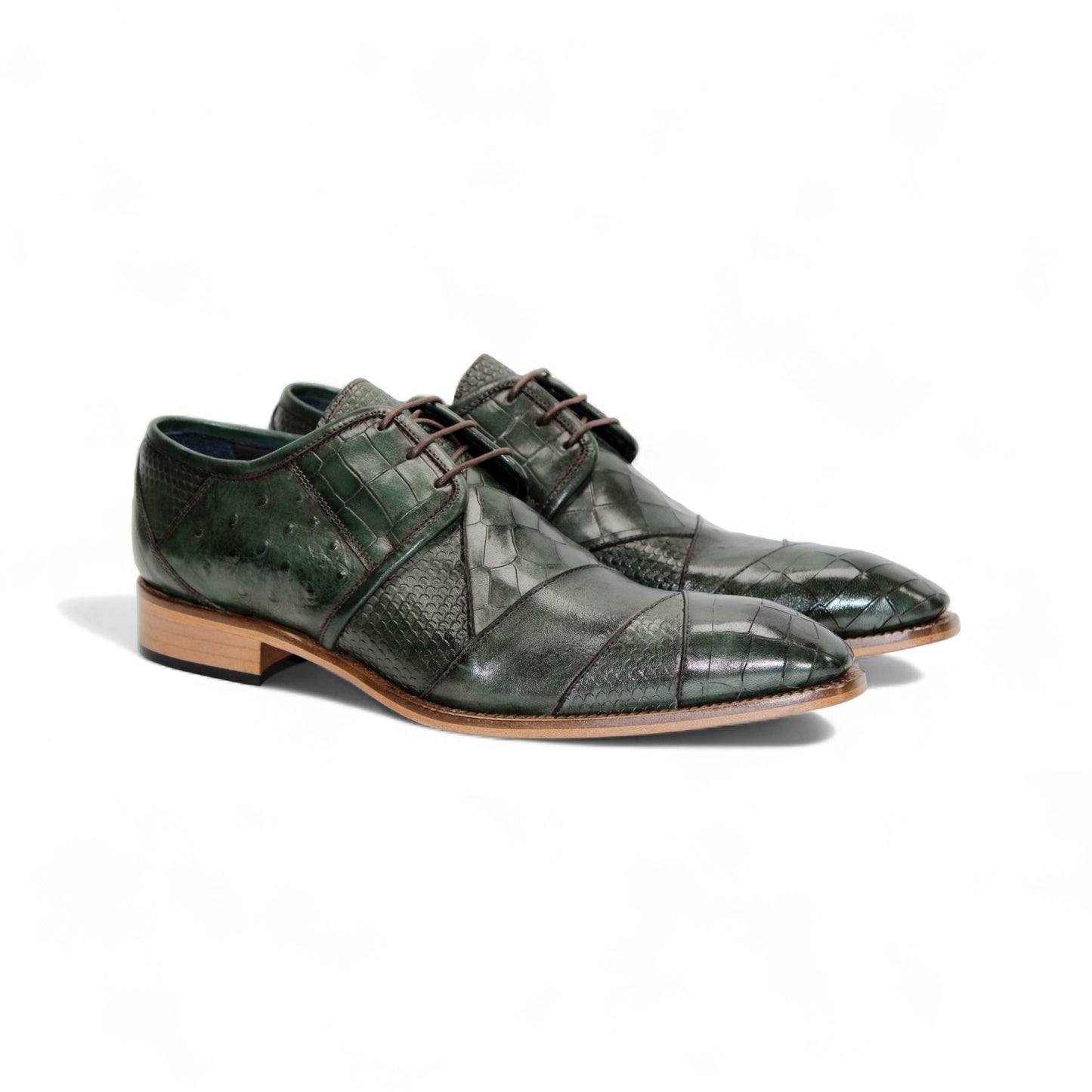 The Duca Imperio Green by Duca Di Matiste is an Italian-made dress shoe in green leather with a pointed toe, wooden sole, and textured pattern, shown in side profile against a white background.