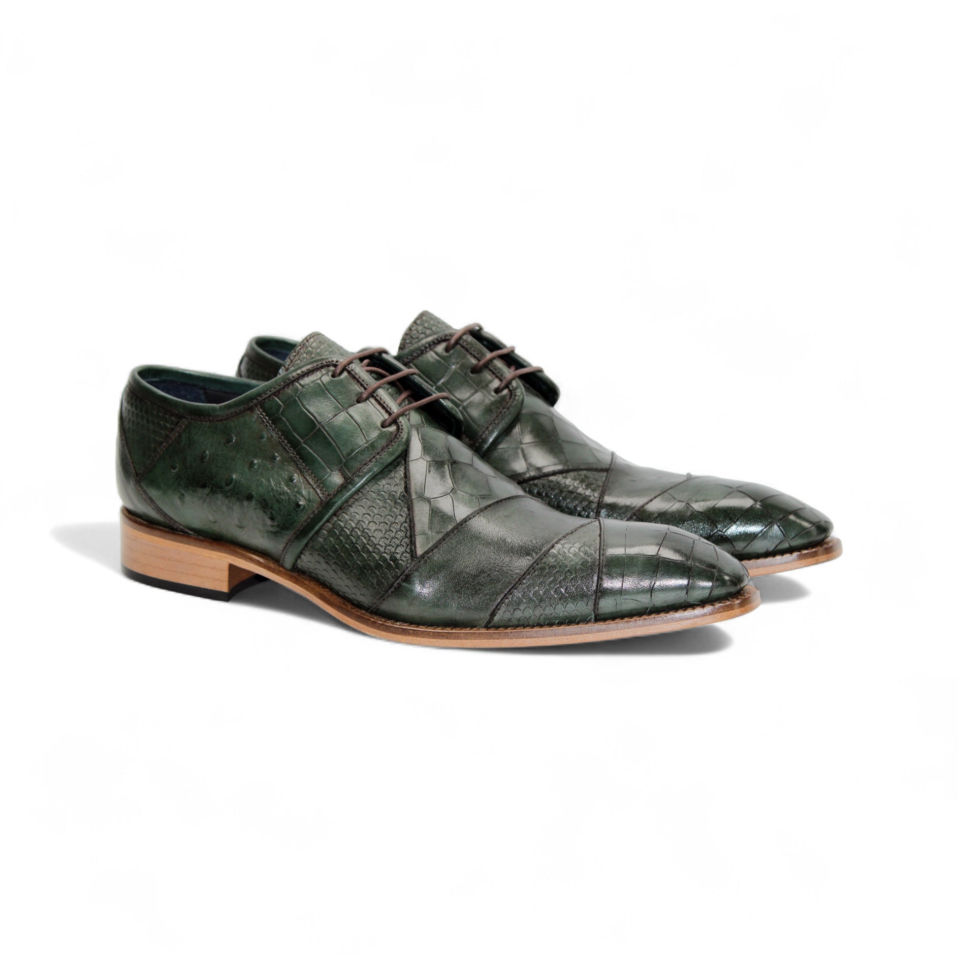 The Duca Imperio Green by Duca Di Matiste is an Italian-made dress shoe in green leather with a pointed toe, wooden sole, and textured pattern, shown in side profile against a white background.