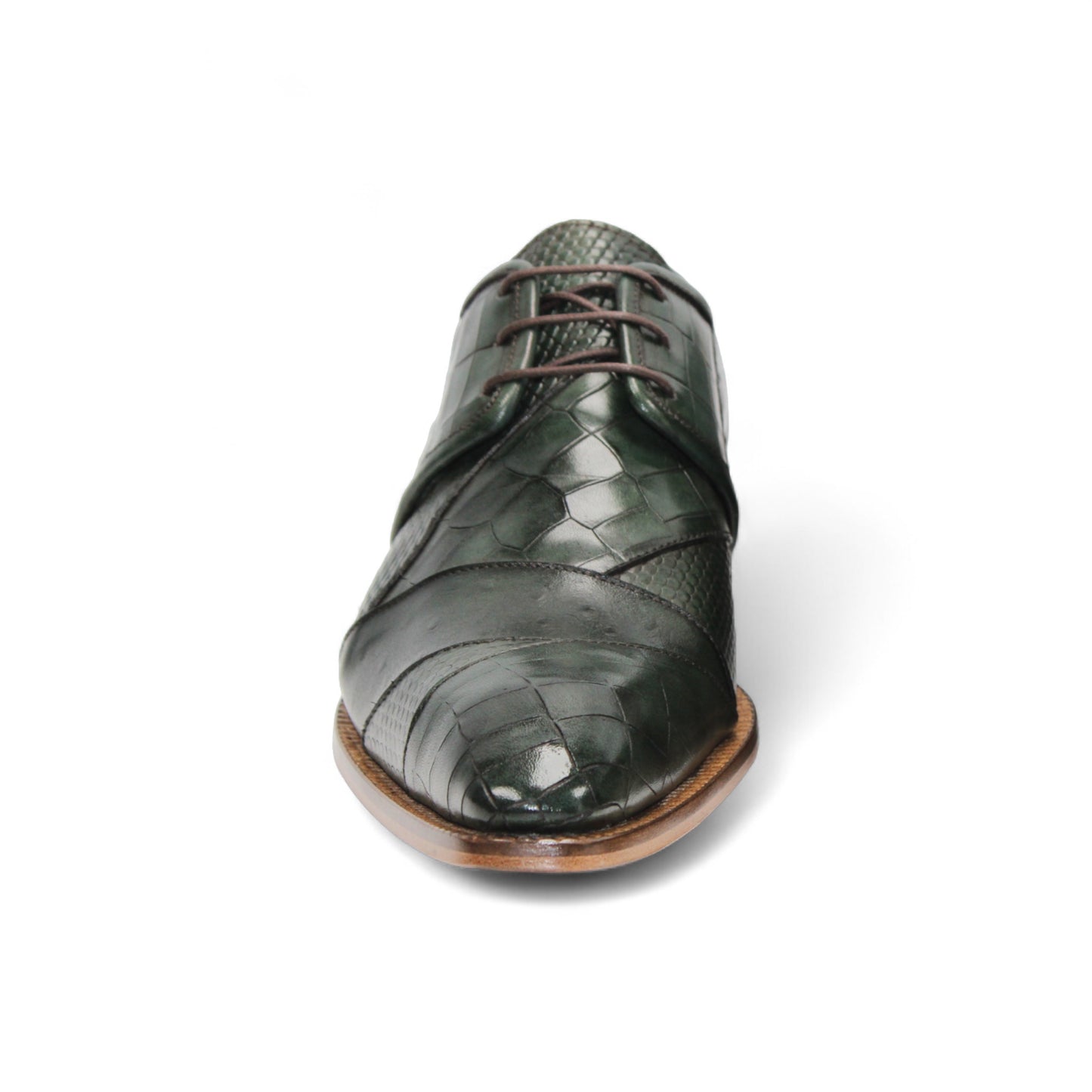 The Duca Imperio Green by Duca Di Matiste is an Italian-made dress shoe in green leather with a pointed toe, wooden sole, and textured pattern, shown in side profile against a white background.