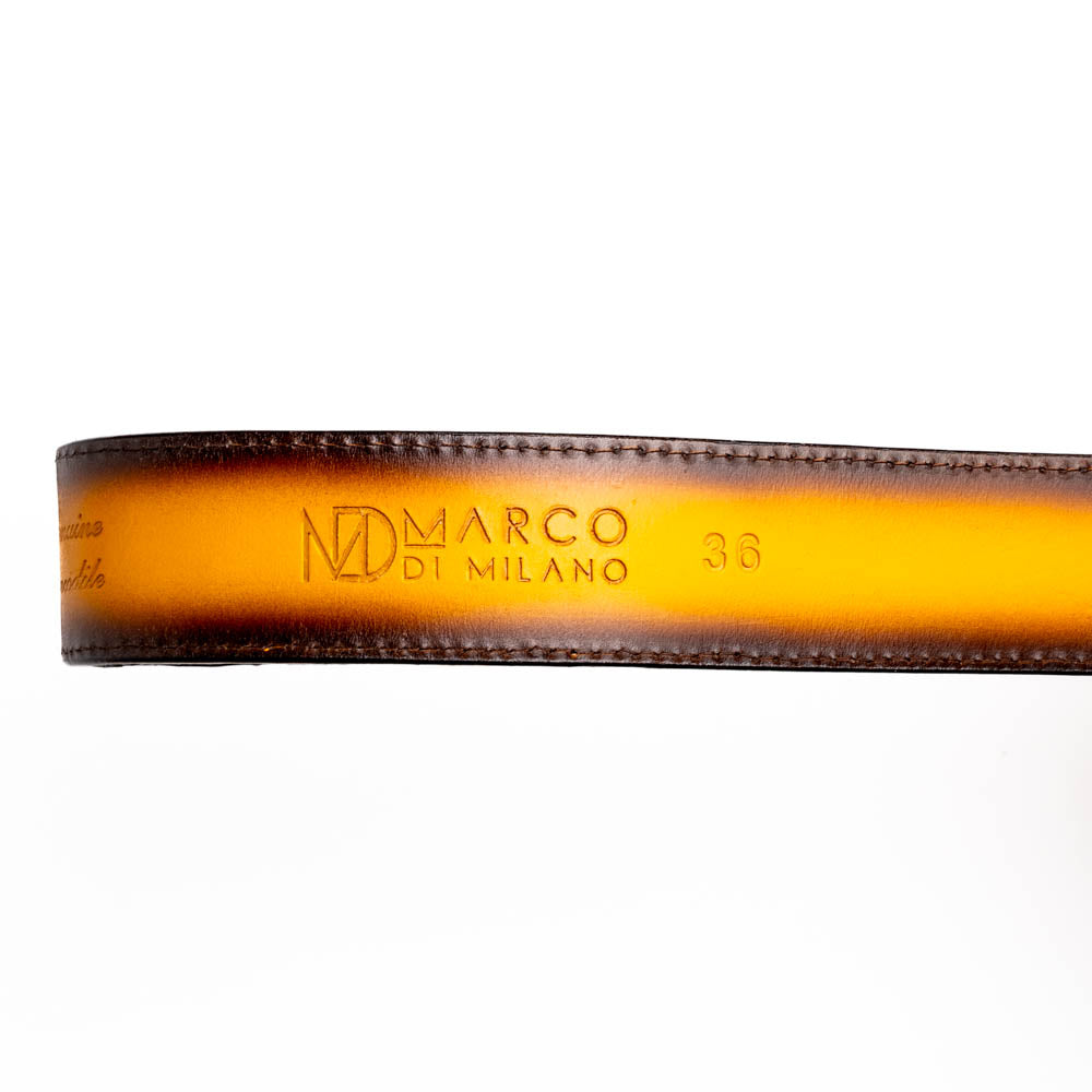 The Iowa Belt Mustard Brown by Marco Di Milano features genuine caiman crocodile leather and a bold gold "MD" buckle, elegantly displayed on a white background—showcasing the brand's signature luxury style.
