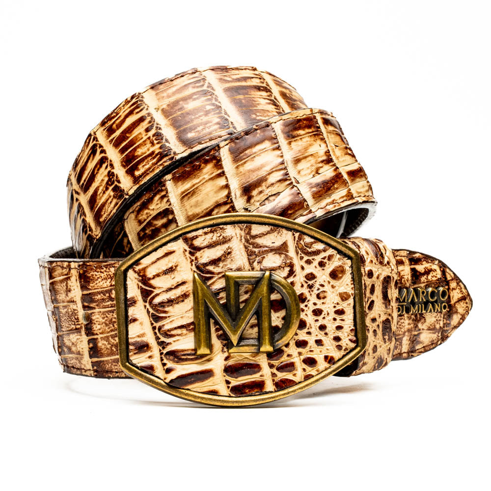 The Iowa Belt Stone Orix by Marco Di Milano features brown genuine crocodile leather, a gold "MD" buckle, and "Marco Di Milano" branding on the strap.